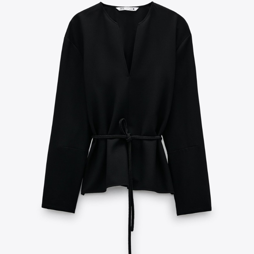 Zara Black Wrap Blouse with Tie Waist